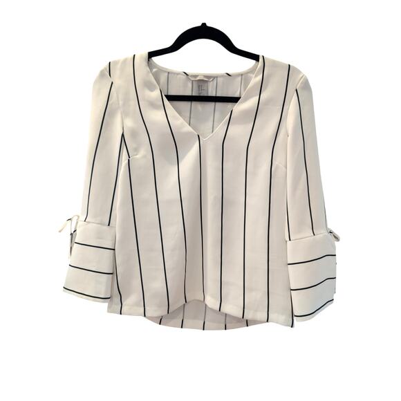 H&M White Black Stripe Blouse 0 Minimalist Career Wear Bell Sleeve Modern Work - Picture 1 of 7